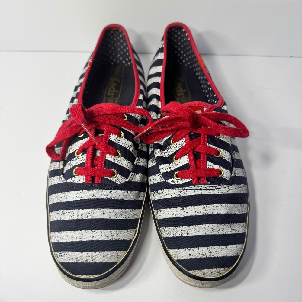 Keds Champion Women's Size 10 Navy and White Striped Canvas Sneakers Red Laces
